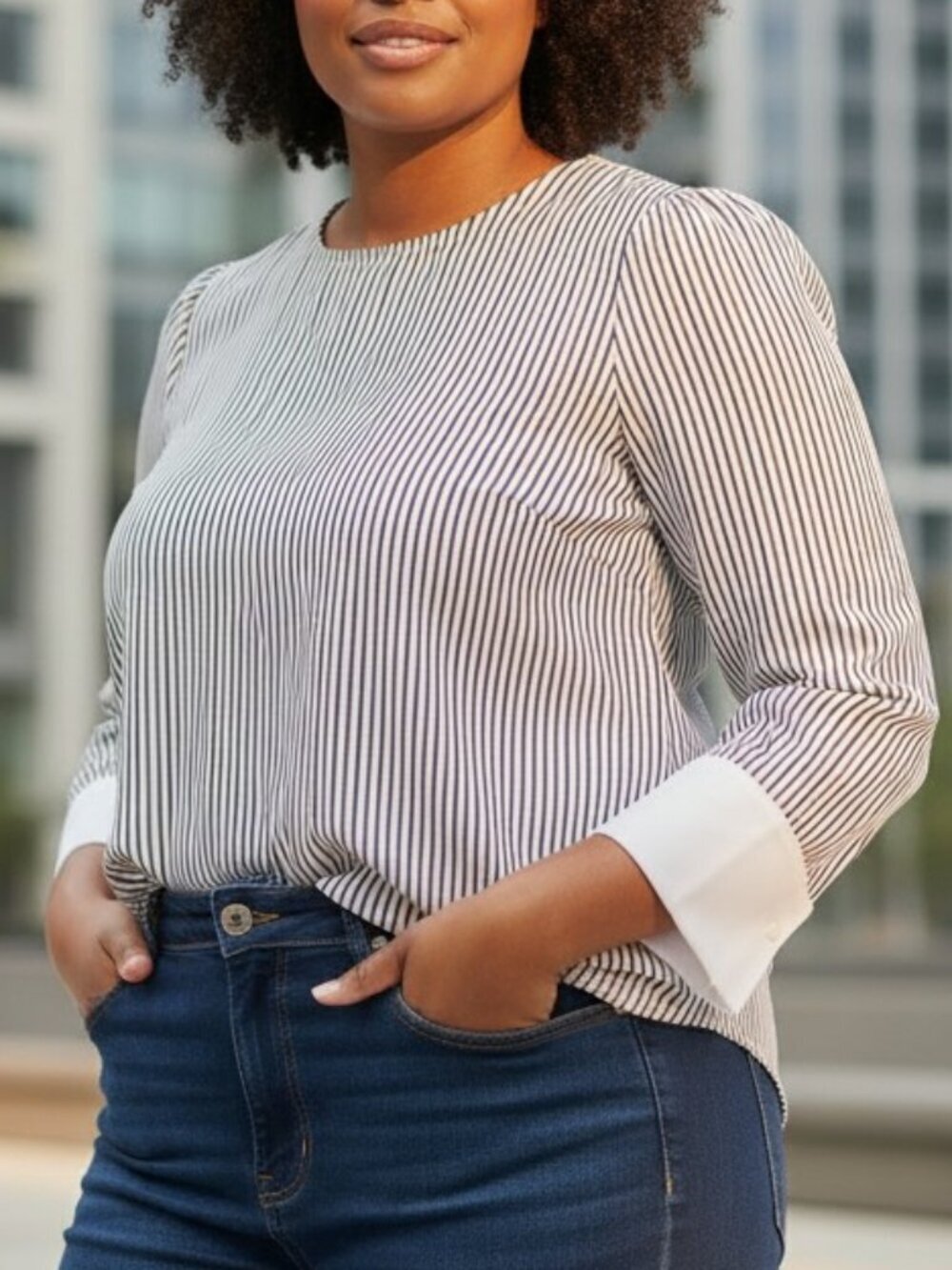 Who What Wear Womens Plus Size X striped cotton top tan blue office loose
